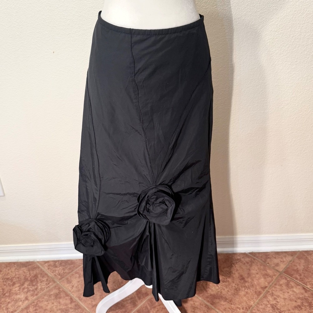 Vintage Rosette Midi Skirt Asymmetrical Womens L Black Nylon Spring